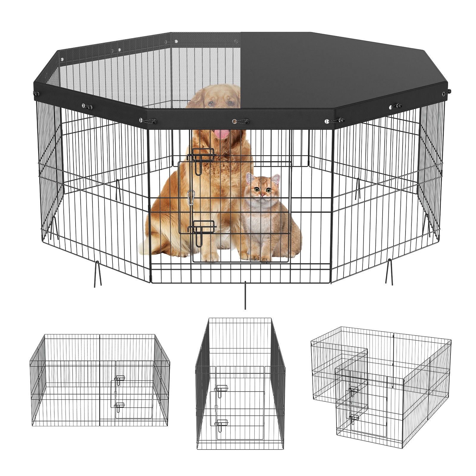 Dog Playpen, 8 Panels Foldable Metal Dog Exercise Pen With Top Cover, 24" H Pet Fence Puppy Crate Kennel With Ground Stakes, Indoor Outdoor Dog Pen For Small Medium Pets, For Camping, Yard_maomaolike.com